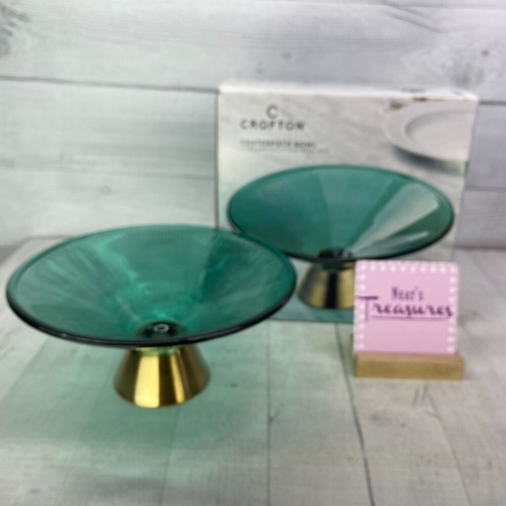 Crofton ALDI Blue Green Glass 10" Bowl With Gold Finish Metal Base Centerpiece